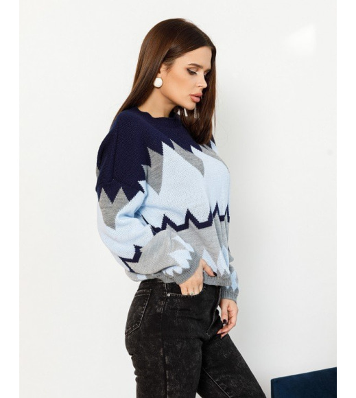 Темно-синій вовняний светр з геометричним візерунком