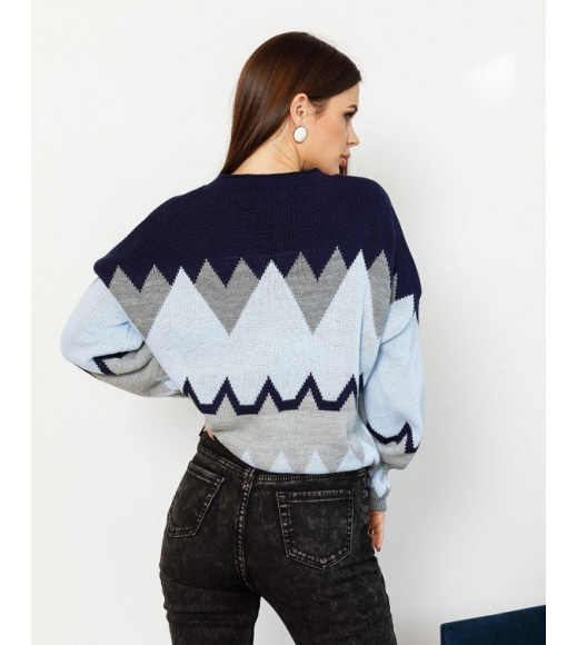 Темно-синий шерстяной свитер с геометрическим узором