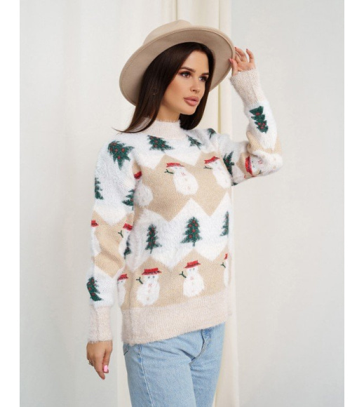 Мохеровий бежевий теплий светр зі сніговиками
