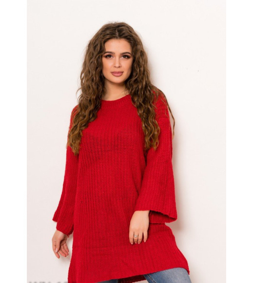 Красный удлиненный шерстяной свитер с укороченными рукавами