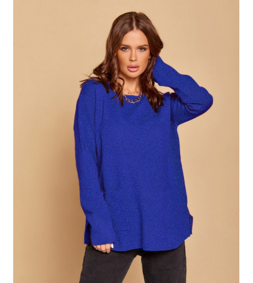 Синий асимметричный свитер с карманами
