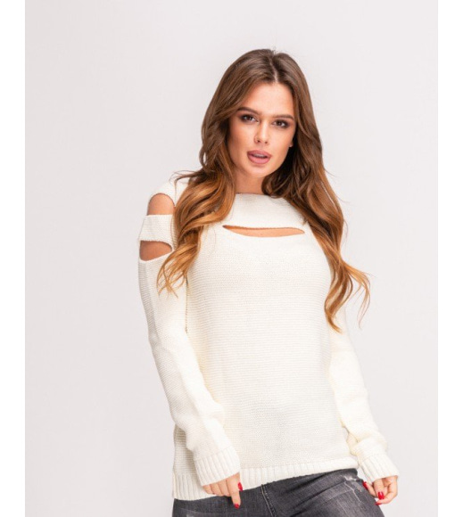 Білий вовняний светр з горизонтальними розрізами