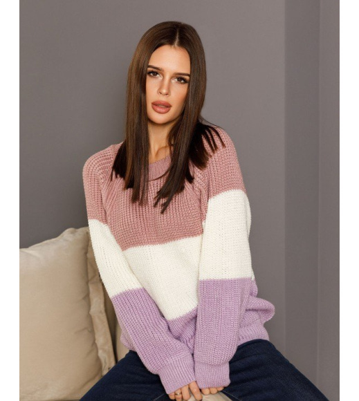 Рожево-бузковий комбінований светр об`ємної в`язки