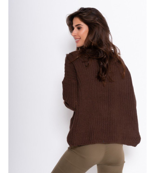 Коричневый шерстяной асимметричный вязаный свитер