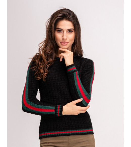 Чорний вовняний светр з смужками на рукавах і манжетці