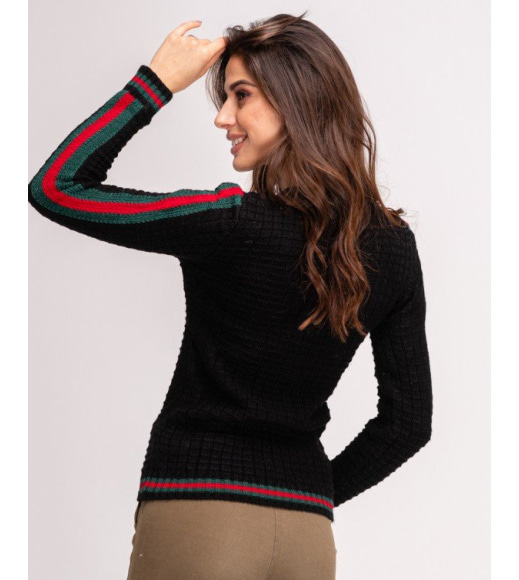 Черный шерстяной свитер с полосками на рукавах и манжетке