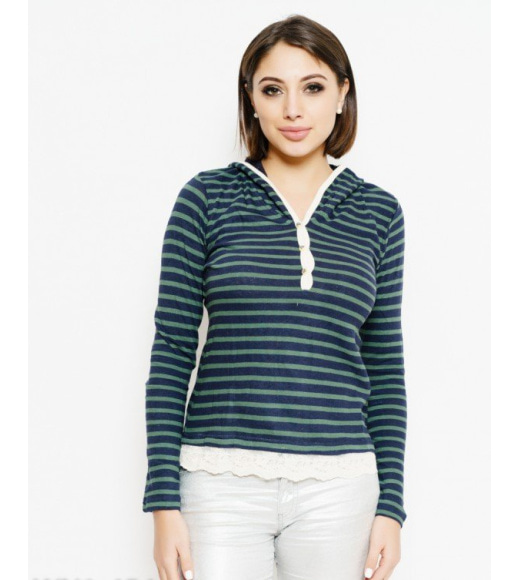 Синьо-зелений смугастий светр з мереживом