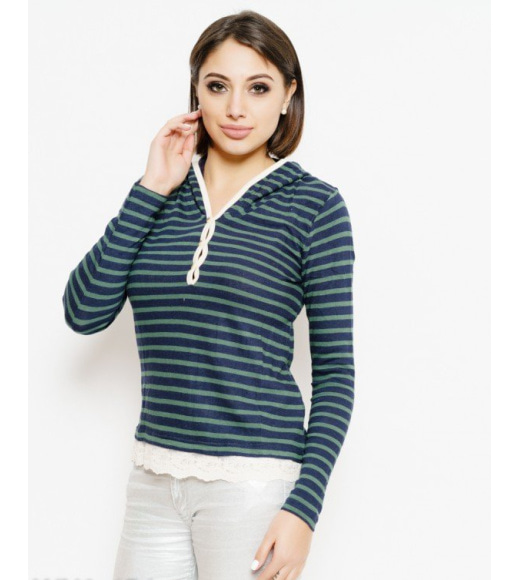 Сине-зеленый полосатый свитер с кружевом