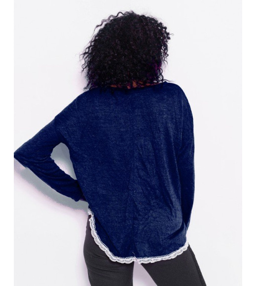 Темно-синий тонкий удлиненный свитер с кружевом