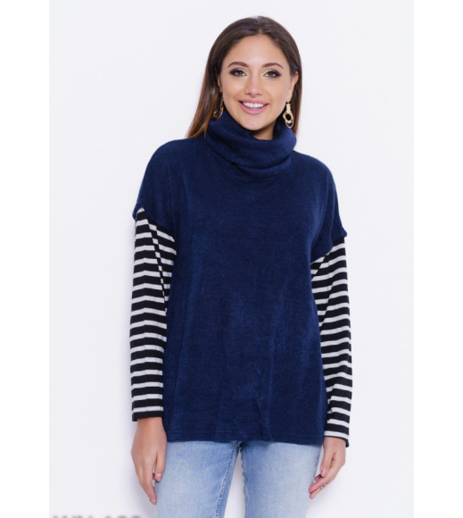 Синій комбінований подовжений светр з коміром-хомутом і смугастими вставками