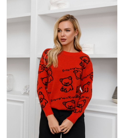 Красный шерстяной свитер с мишками