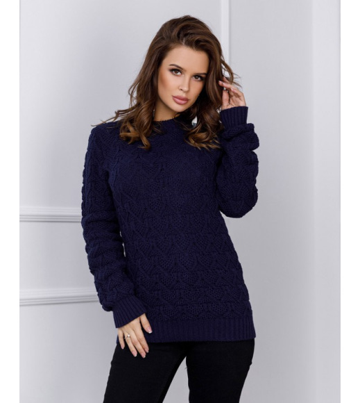 Темно-синій вовняний в`язаний светр з манжетами