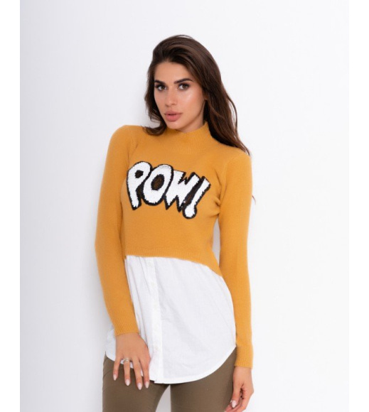 Оранжевий комбінований светр котоновою вставкою і нашивкою