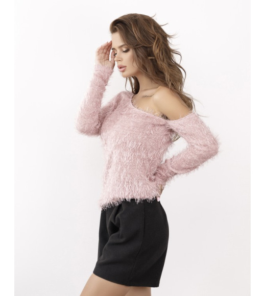 Рожевий оригінальний светр з відкритим плечем