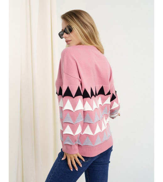 Рожевий в'язаний светр з об'ємними трикутниками