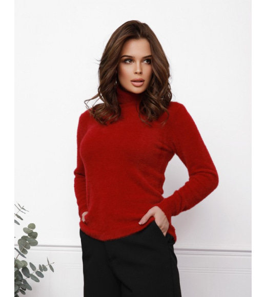 Красный теплый свитер-травка с высоким горлом