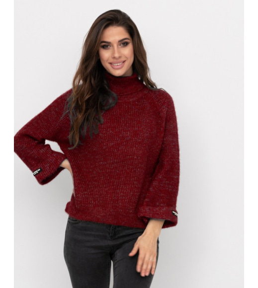 Бордовый свободный вязаный свитер-травка