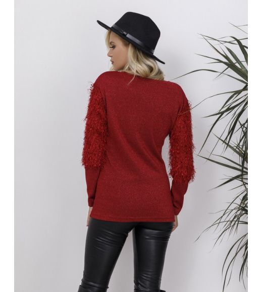 Бордовий трикотажний светр з об`ємними вставками на рукавах