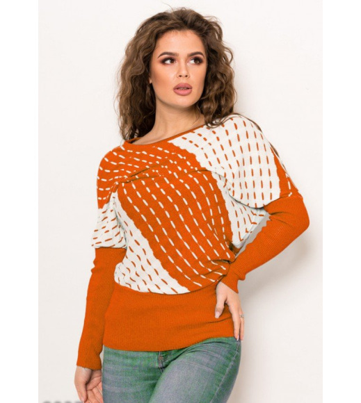 Оранжевый свитер "летучая мышь" с полосатым декором