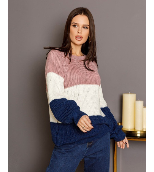 Рожево-синій комбінований светр об`ємної в`язки