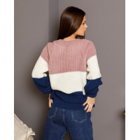 Рожево-синій комбінований светр об`ємної в`язки