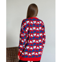 Красно-синий свободный свитер с орнаментом