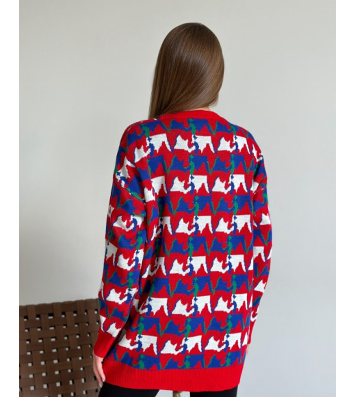 Червоно-синій вільний светр із орнаментом