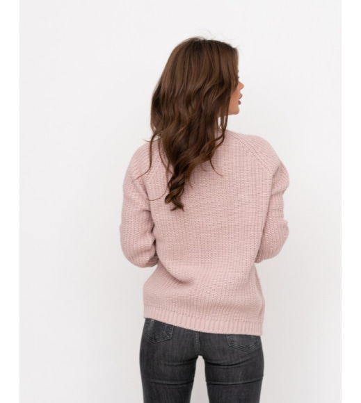 Розовый удлиненный свитер объемной вязки с нашивками