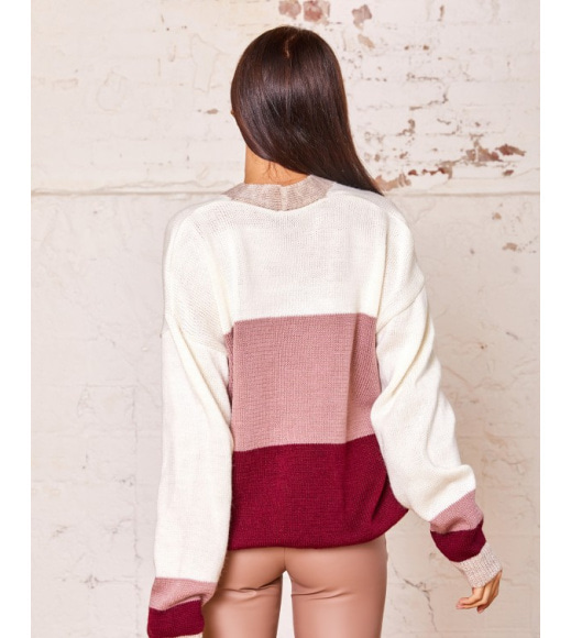 Комбинированный молочно-розовый свитер на пуговицах