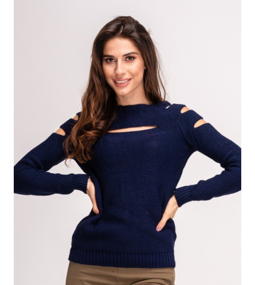 Темно-синий шерстяной свитер с горизонтальными разрезами