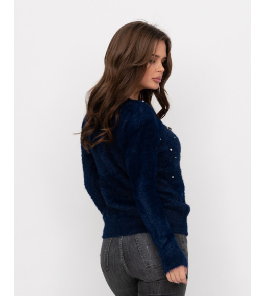 Темно-синий свитер-травка с бусинами и стразами