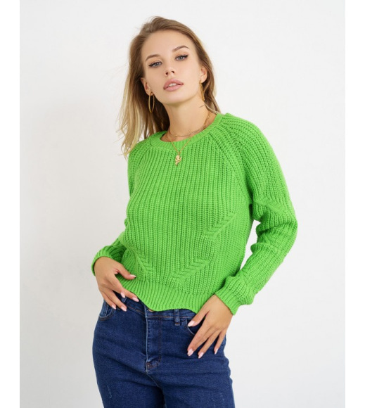 Салатовий трикотажний светр з фігурним низом