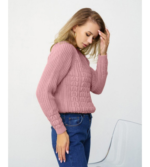 Темно-розовый вязаный свитер с аранами