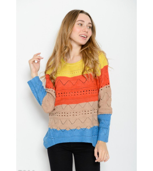 Яскравий смугастий светр вовняний з подовженою спинкою і перфорацією