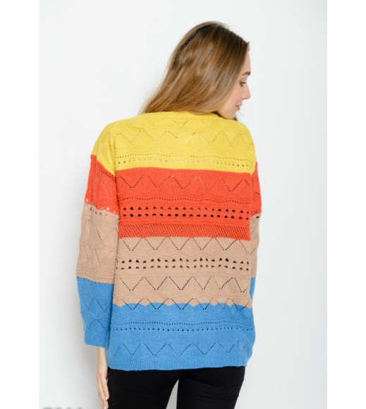 Яркий шерстяной полосатый свитер с удлиненной спинкой и перфорацией