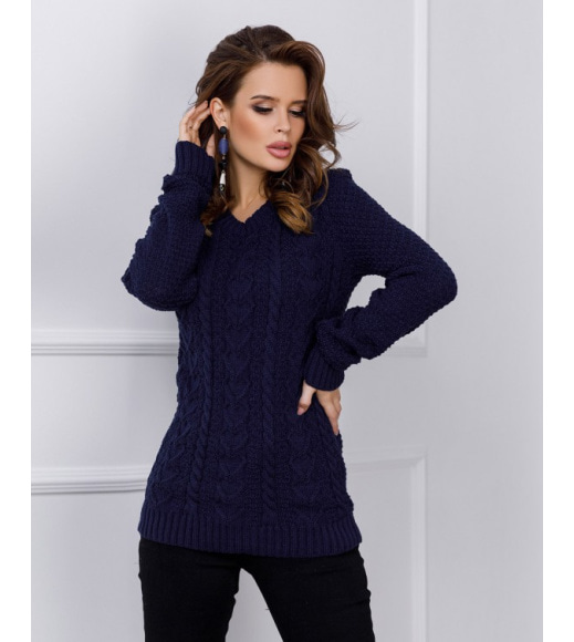 Темно-синий шерстяной свитер ажурной вязки