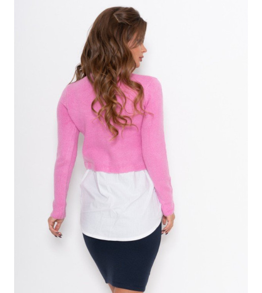 Розовый комбинированный свитер коттоновой вставкой и нашивкой