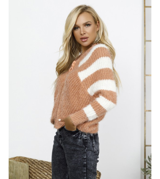 Персиковый вязаный свитер на молнии с капюшоном