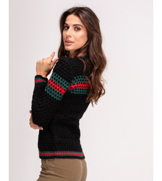 Черный шерстяной свитер объемной вязки с цветным декором