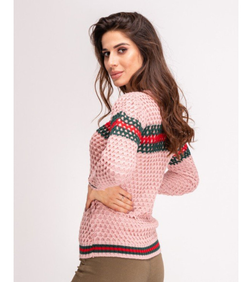 Розовый шерстяной свитер объемной вязки с цветным декором