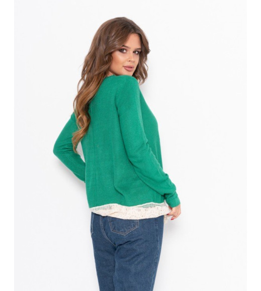 Зелений вільний светр з мереживом