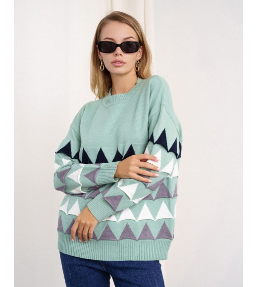 Мятный вязаный свитер с объемными треугольниками