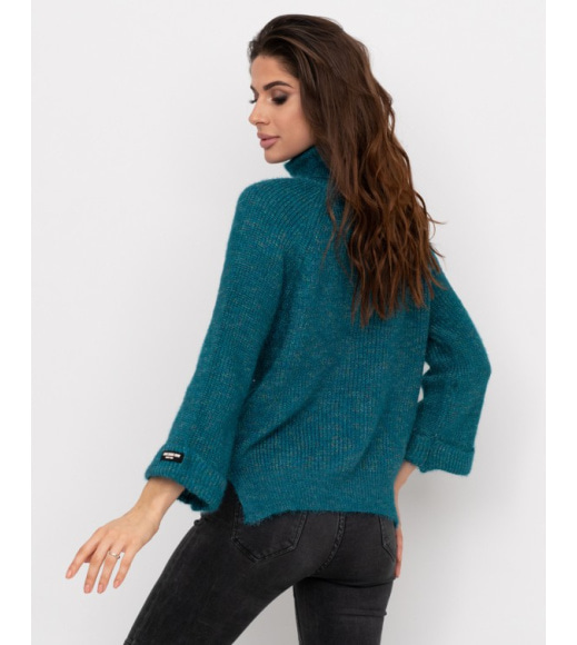 Бірюзовий в`язаний вільний светр-травичка