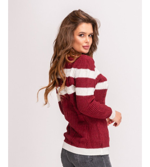 Бордовий светр з білими смужками з горловиною-човником