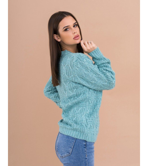 Бирюзовый шерстяной свитер с комбинированным узором