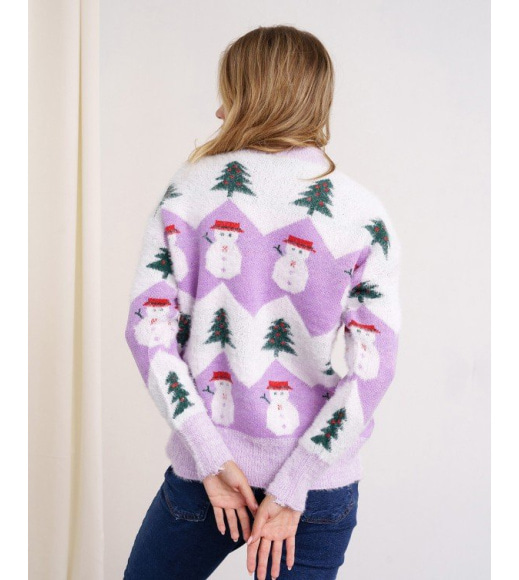 Мохеровый сиреневый теплый свитер со снеговиками