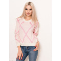 Біло-рожевий в`язаний оригінальний вільний светр