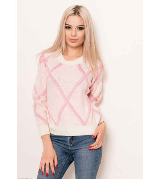 Бело-розовый вязаный оригинальный свободный свитер