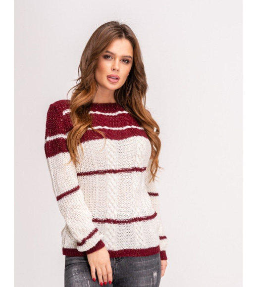 Бордово-білий вовняний светр з горловиною-човником