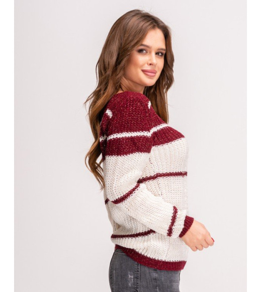 Бордово-белый шерстяной свитер с горловиной-лодочкой